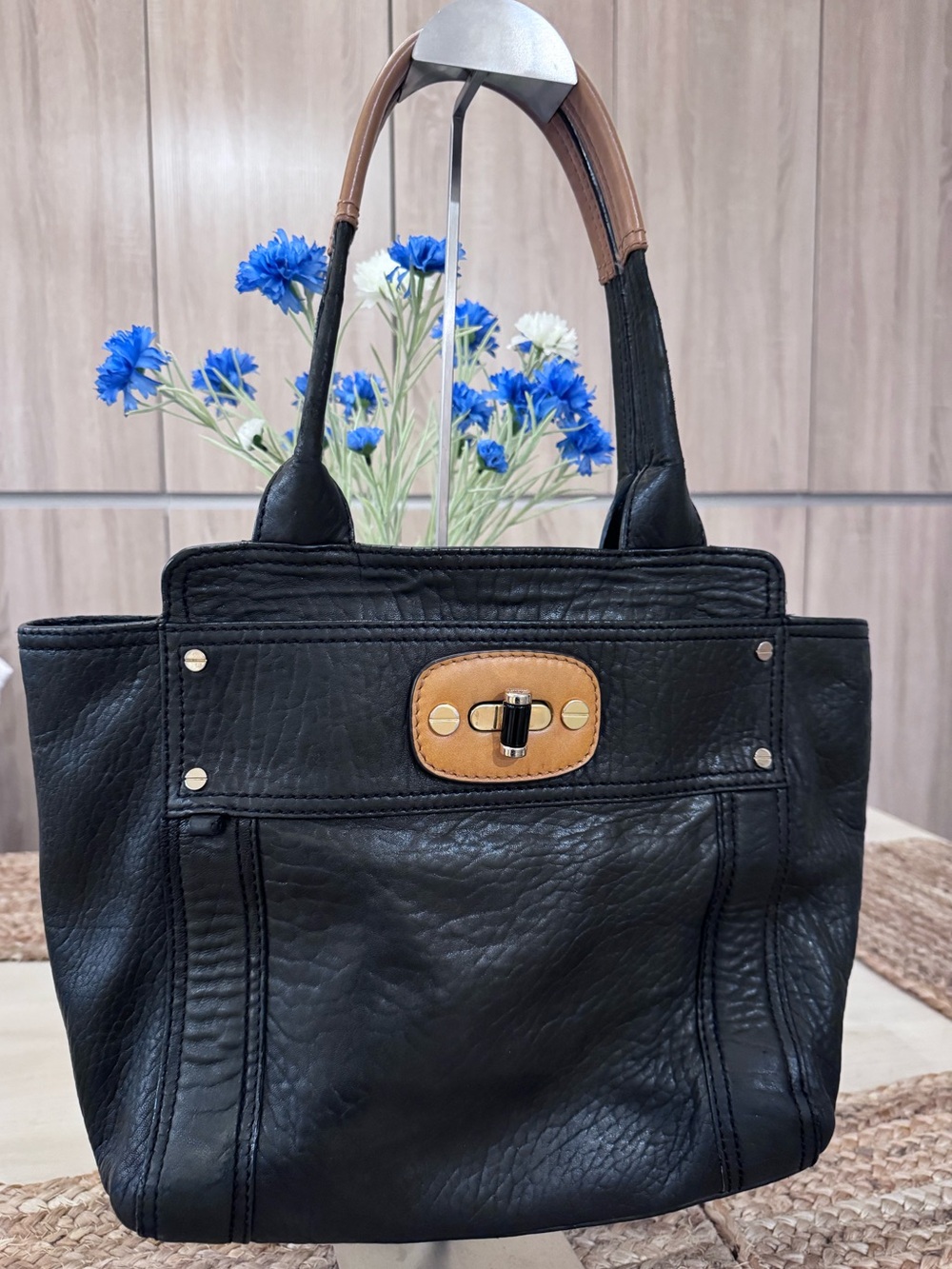 INCREDIBLE Milly Black Pebbled Turnlock Leather Tote Shoulder Bag Y2K GEM!💎